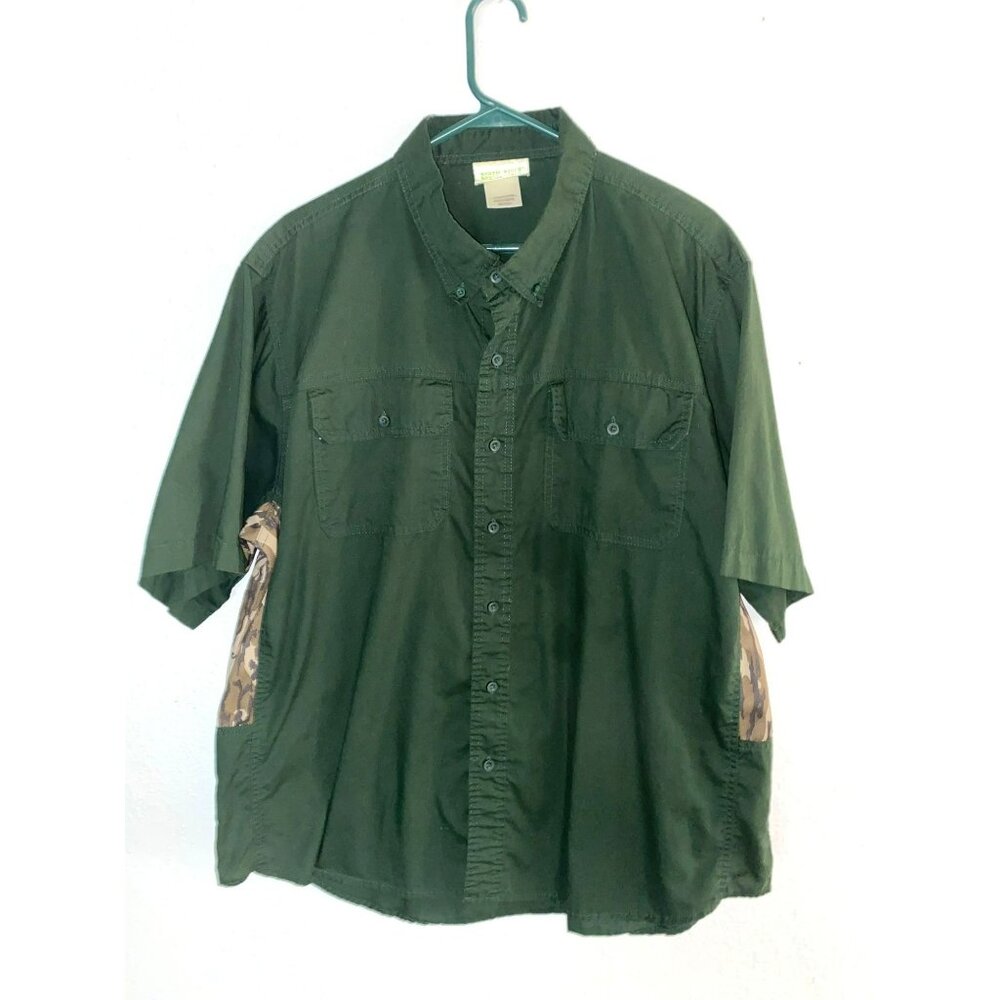 Rustic Ridge Men's Button-Up Shirt Dark Green With Mossy Oak Bottomland Camo Acc